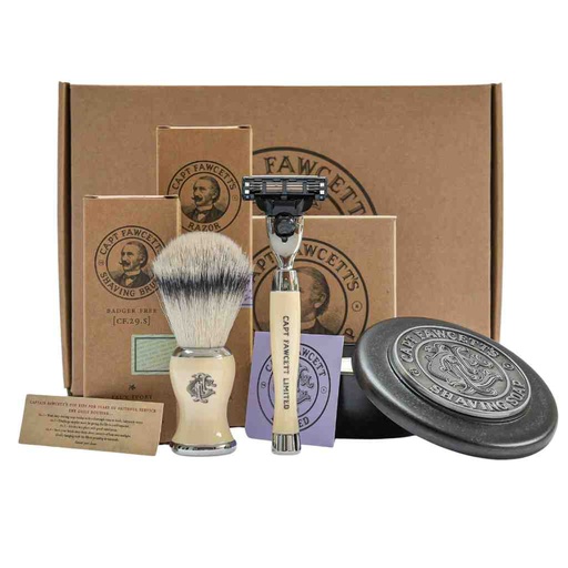 [90244S] CAPTAIN FAWCETT Faux Badger Shaving Brush, Finest Hand Crafted Safety Razor and Luxurious Shaving Soap Gift Set            