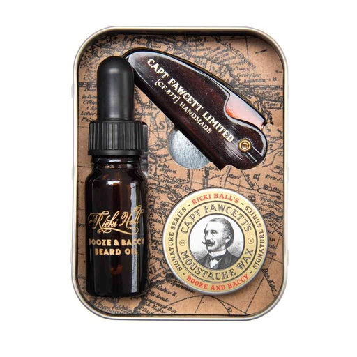 [90230SK] CAPTAIN FAWCETT Kit de survie - Ricki Hall : Huile à Barbe 10ml, Cire à Moustache 15ml, Peigne à Moustache